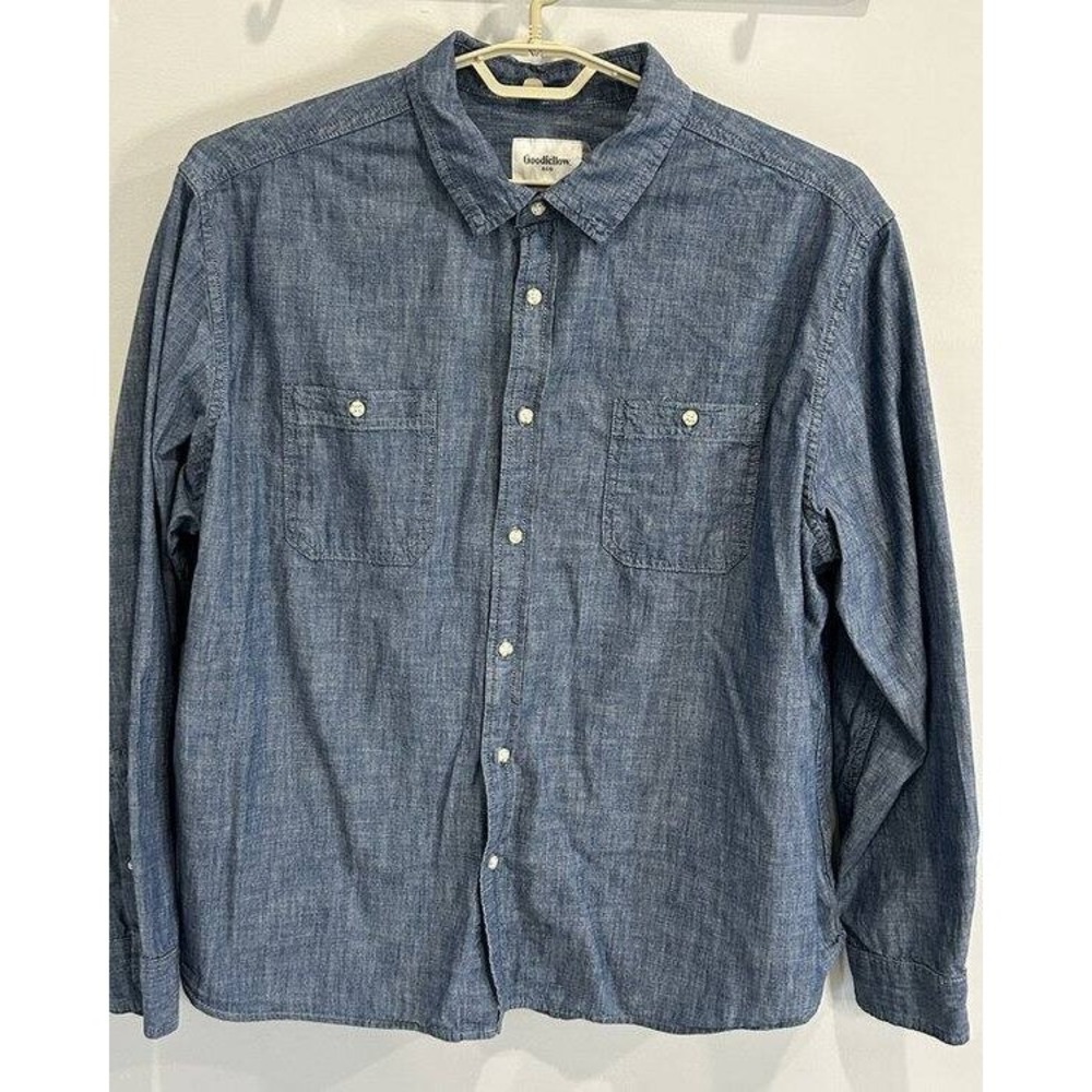 Goodfellow Mens Long Sleeve Button Front Standard Fit Chambray Denim Shirt Cotto